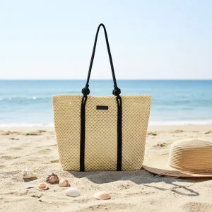 Fashion Beach Bags for Women Summer Travel Mesh Shopping Tote Bag with Zipper Closure Sand Proof Woven Shoulder Handbag
