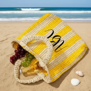 Fashion Custom Striped Woven Straw Bag Eco Friendly Embroidered Beach Tote Bags for Women