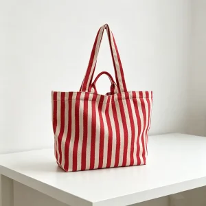 Fashion Customized Logo Eco friendly Canvas Shoulder Bag French Style Design Recyclable Striped Canvas Shopping Bag for Lady