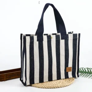 Fashion Eco-friendly Casual Beach Striped Canvas Women’s Tote Bag with Customizable Logo