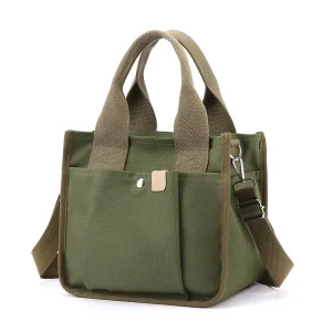 Fashion Khaki Cotton Canvas Girls Casual Shoulder Bag Women Tote Bags with Custom logo