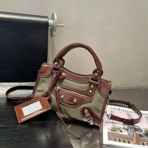 Fashion Ladies Olive Fabric Punk Cross Body Bag with Detachable Strap & Studs Women Casual Tote Hand Bags