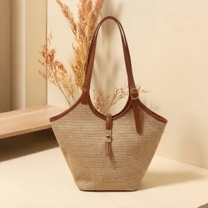 Fashion Leather Women’s Shoulder Ladies Straw Hand Woven Handbags Tote Bag for Beach Travel Summer