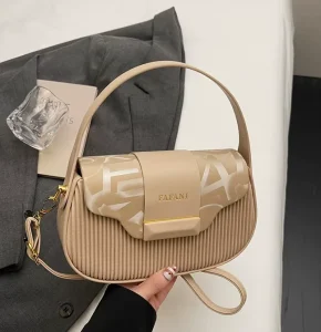 Fashion Letter Print Saddle Bag Elegant Pleated Shoulder Bag with Gold Hardware Color Block Crossbody Purse for Women