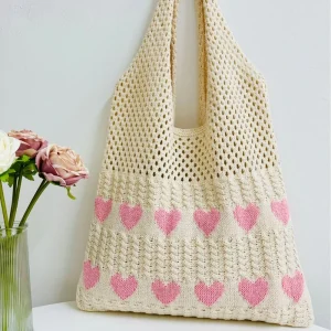 Fashion Love Heart Durable Shoulder Bag Woven Big Crochet Knitted Hollow Out Beach Bags for Women