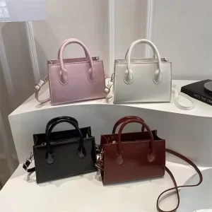 Fashion Patent PU Leather Tote Bag for Women Large Capacity Handbag with Detachable Strap Gold Hardware Square Purse for Daily
