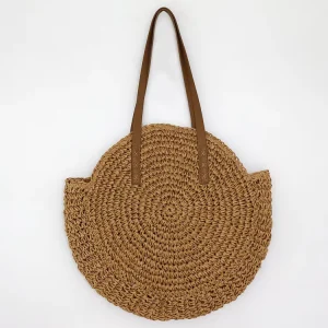 Fashion Round Summer Straw Woven Beach Shoulder Tote Bag with Two Handles and Button Closure for Women Travel