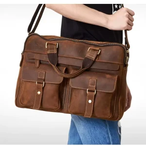 Fashion Top Grain Real Leather 17 Inch Laptop Briefcase Messenger Bag Black Men Genuine Leather Computer Briefcases
