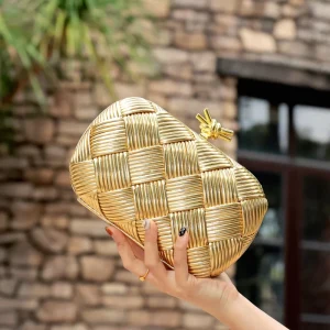 Fashion Trends Women Golden Hand Clutch Bag for Wedding Party Ladies Popular Evening Bag Purse with Chains Knot
