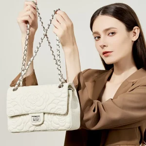 Fashion Urban Simplicity Camellia Patterned Genuine Leather Quilted Women’s Shoulder Crossbody Bag Chain Strap Cover Flower