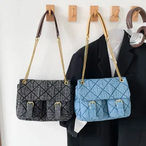 Fashionable Lady’s Style Fabric Messenger Bag. With Chain Decorations. Designed by a Unique Designer.6222