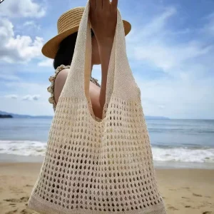 Fashionable Mesh Hollow Knit Beach Bag New Beach Shoulder Bag Simple Versatile Woven Large Capacity Vacation Tote