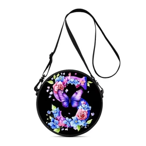 Flower Letters Round Shoulder Bag Casual Messenger Bag for Women 2D Flat Cartoon Crossbody Bag