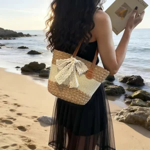 French style Small Woven Straw Bag with Polyester Lining Womens New Chic Basket Tote Shoulder Bag Bow Detail Beach Commute