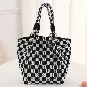Fresh Sweet Crochet Bag Niche Design Checkerboard Knit Tote Minimalist Bohemian Aesthetic Handbag Colorful Floral Woven Bag