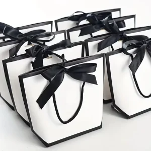 Full Custom Ribbon Bow White Cardboard Paper Tote Gift Bags With Handles Shopping Wedding Party Birthday Gift Bag