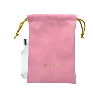 Full Custom logo Embossed Gold logo Vegan Leather Suede Man Made Leather Pouch Cosmetic Perfume Bag Drawstring