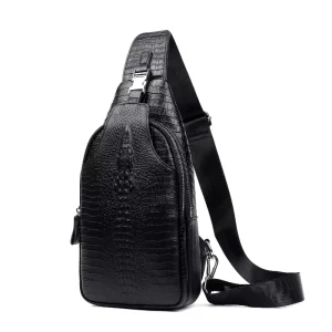 Genuine Cowhide Leather Crocodile Pattern Waist Bag For Men Fashionable Zipper Closure Crossbody Shoulder Top Layer Casual Style