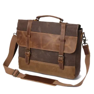 Genuine Leather & Waxed Canvas Vintage Men’s Messenger Shoulder Bag Waterproof Cross Body Outdoor Use