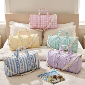 Gingham Checked Nylon Duffel Bag With Ruffled Handles and Bow Detail Gold Hardware Weekender Travel Bag for Overnight Trip