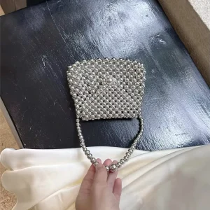 Girl’s French Style Silver Glittering Handmade Woven Beaded Pearl Saddle Shape Cover Closure Single Strap Mobile Handbag