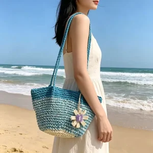 Girls Princess Floral Woven Magnetic Button Closure Crossbody Bucket Bag for Women Summer Vacation Beach Ready