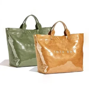 Glossy Tote Bag Women’s Letters Print Large Kraft Paper Carry All Bag Top Handle Clear Hobo Handbag for Shopping and Travel