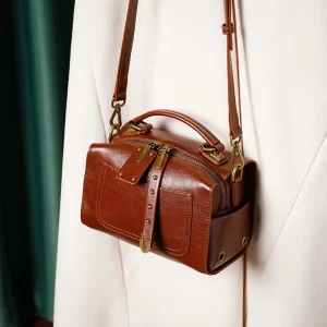 HD Small Boston Bag Women Genuine Leather Top Layer Cowhide Vintage Crossbody Shoulder Bag
