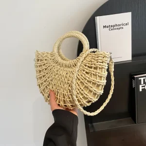 Half Round Woven Straw Crossbody Bag Women Summer Beach Handbag Vacation Holiday Portable Straw Shoulder Bag