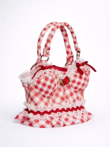 Handbag with Red and White Stripes Featuring Lace and Roses Suitable with a Shoulder Strap Design