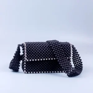 Handmade Black Frosted Acrylic Beaded Crossbody Bag Silver Bead Messenger Bag Casual Versatile Shoulder Bag for Women