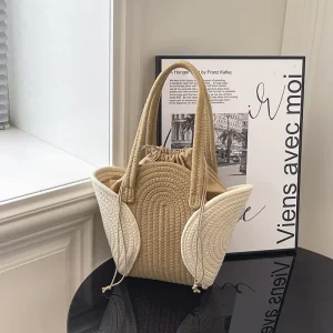 Handmade Braided Cotton Rope Round Tote Handbag Bohemian Solid Color Summer Vacation Travel Beach Shoulder Bag