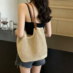 Handmade Crochet Shoulder Bag Literary Forest Style Woven Belt Bag Large Capacity Tote Bag for Beach Vacation