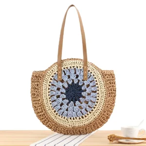 Handmade Crochet Summer Beach Tote Bag Leather Handles Fashionable Portable Beach Straw Bag Button Closure Lady for Autumn