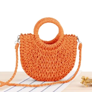 Handmade Half round Rattan Woven Straw Bag String Closure Summer Autumn Spring Women Lady Small Beach Crossbody Handbag