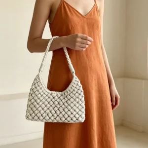 Handmade Hollow Out Mesh Tote Bag Gentle Style Cotton Thread Woven Underarm Bag Large Capacity Single Shoulder Bag