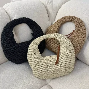 Handmade Knit Straw Bag Women Casual Underarm Hobo Bag Summer Beach Travel Shoulder Purse OEM