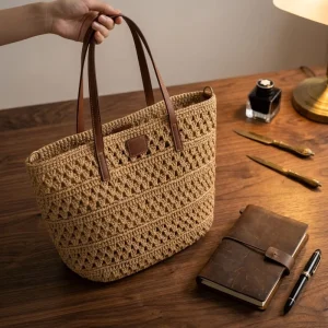 Handmade Large Rattan Straw Beach Tote Bag Custom Hand Embroidery Open Closure Polyester Solid Color All Seasons Travel Daily