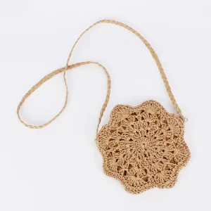 Handmade Regular Mini Paper Straw Bag Zipper Closure Outdoor Casual Hollow Portable Beach Bag Brown Recycle Natural Material