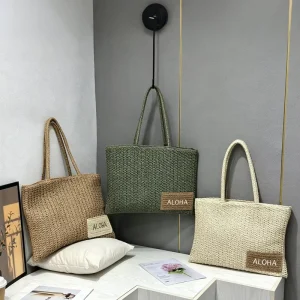 Handmade Straw Tote Bag Aloha Embroidered Beach Handbag Large Capacity Woven Shoulder Bag Summer Vacation Bag with Custom Logo