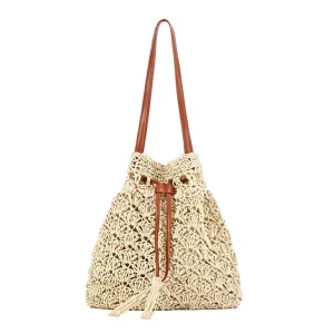 Handmade Tassel Bucket Paper Rope Woven PU Medium Urban Simplicity Bag String Closure Two Straps Winter Beach Fashion