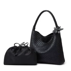 Handmade Woven Women’s Underarm Shoulder Bag Large Capacity PU Leather Hobo Purse Retro Checkered Tote Bag With Star