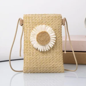 Handwoven Summer Women’s Candy Pattern Messenger Woven Shoulder Bag Hollow Weave Crossbody Straw Mobile Phone Bag