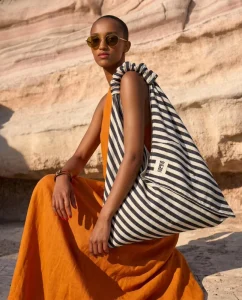 Handwoven Turkish Cotton Striped Tote Bag Large Capacity Slouchy Ruched Handle for Summer Beach Vacation Travel Pool Holiday