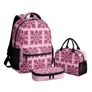 Hawaiian Botanical Print Maile Mokihana Lei Three Piece Custom Polyester Backpack Lunch Bag Pencil Case Zipper Closure Student