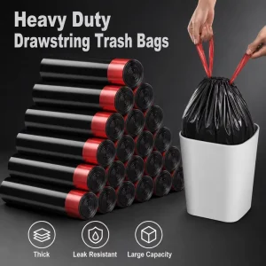 Heavy Duty Black Drawstring Trash Bags Large Thick Plastic Garbage Bags Kitchen Household Bin Liners on Roll