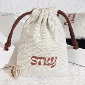 High End Herringbone Drawstring Perfume Lipstick Storage Bag Custom Logo Printed Cotton Twill Necklace Earring Jewelry Pouch