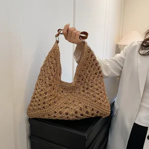 High New Woven Rattan Straw Bag Womens Beach Tote Seaside Vacation Large Capacity Shoulder Under Arm Polyester Magnetic