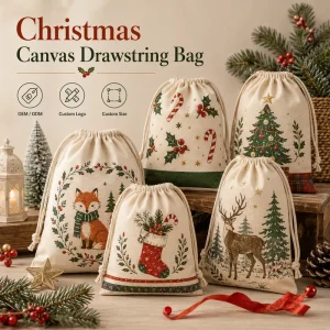 High Quality 100% Cotton Christmas Festive Design Reusable Waterproof Shopping Bag Eco Friendly Canvas Drawstring Bag Gift