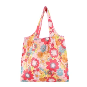 High Quality Large Capacity Reusable Polyester Boutique Foldable Shopping Bags with Logo and Shoulder Strap
